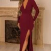 Unforgotten | Berry Wrap Front Maxi Dress With Side Split 1 Unforgotten | Berry Wrap Front Maxi Dress With Side Split -ENY Clothing Shop CC CL126726 berry plunge long sleeve ruched thigh split maxi dress 1