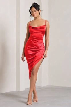 Risk It All | Red Cami Cowl Neck Satin Asymmetric Hem Midi Dress -ENY Clothing Shop CC HR CL126039 RiskItAllRedCamiCowlNeckAsymmetricHemDress2