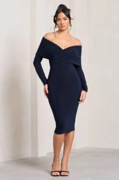 Flatter Me | Navy Twist Front Bardot Midi Dress -ENY Clothing Shop CC HR CL126408015 FlatterMe NavyTwistFrontBardotMidiDress0