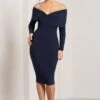 Flatter Me | Navy Twist Front Bardot Midi Dress -ENY Clothing Shop CC HR CL126408015 FlatterMe NavyTwistFrontBardotMidiDress1