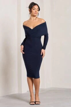 Flatter Me | Navy Twist Front Bardot Midi Dress -ENY Clothing Shop CC HR CL126408015 FlatterMe NavyTwistFrontBardotMidiDress2