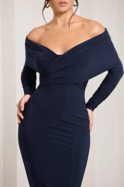 Flatter Me | Navy Twist Front Bardot Midi Dress -ENY Clothing Shop CC HR CL126408015 FlatterMe NavyTwistFrontBardotMidiDress4