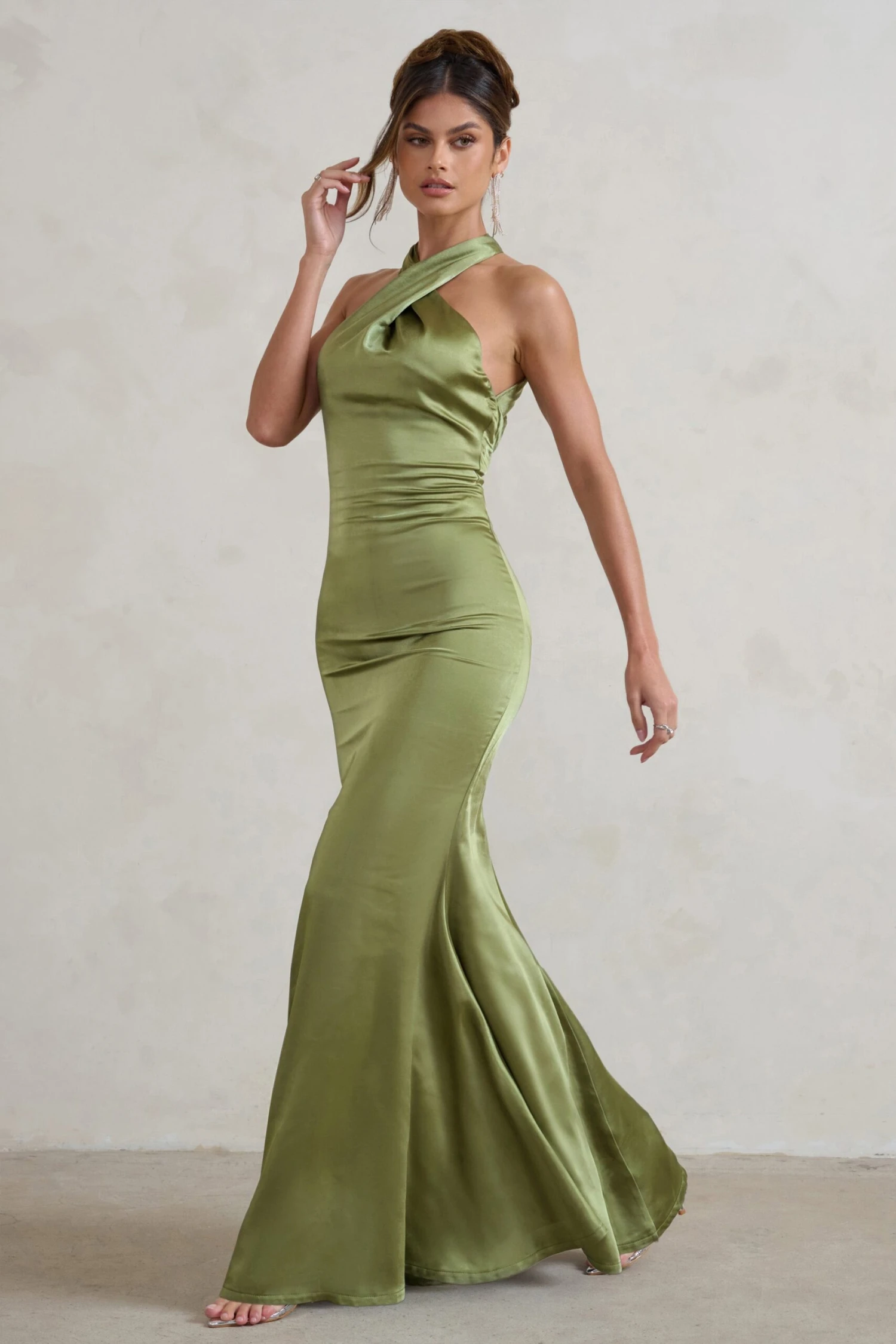 Unstoppable | Olive Green Satin Cross Over Halter Neck Maxi Dress 8 Unstoppable | Olive Green Satin Cross Over Halter Neck Maxi Dress - Image 6