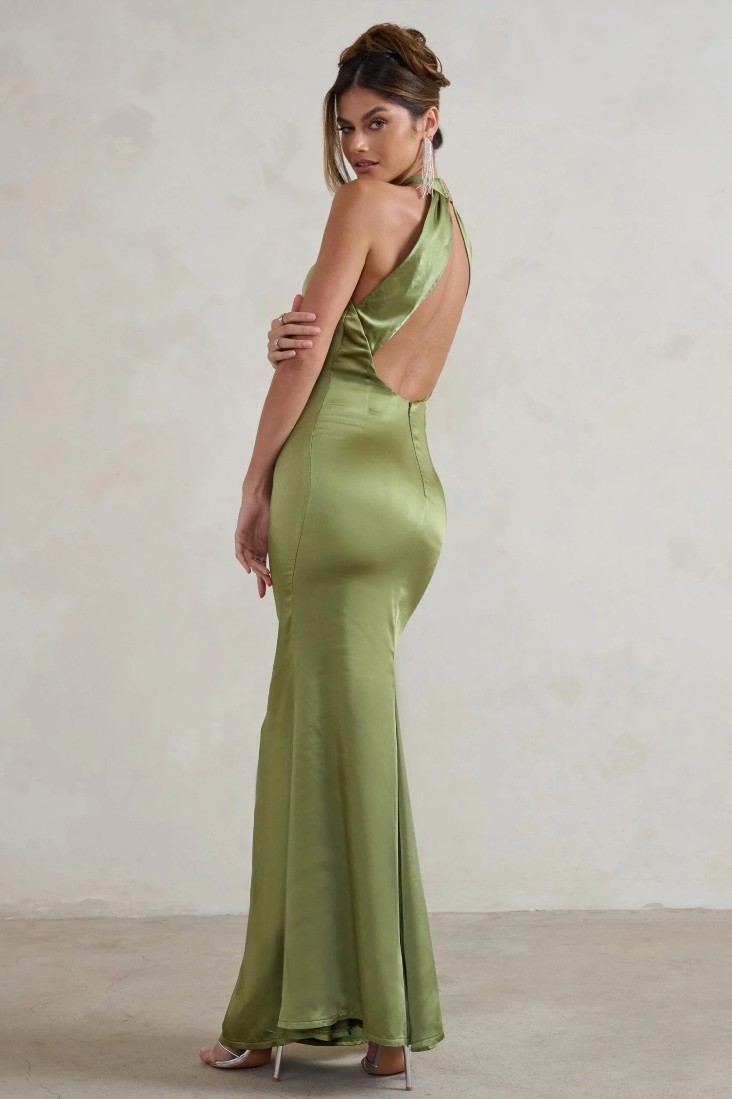 Unstoppable | Olive Green Satin Cross Over Halter Neck Maxi Dress 4 Unstoppable | Olive Green Satin Cross Over Halter Neck Maxi Dress - Image 2