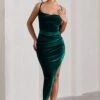 Risk It All | Bottle Green Velvet Cami Cowl Neck Satin Asymmetric Hem Midi Dress