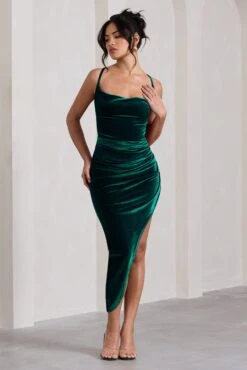 Risk It All | Bottle Green Velvet Cami Cowl Neck Satin Asymmetric Hem Midi Dress