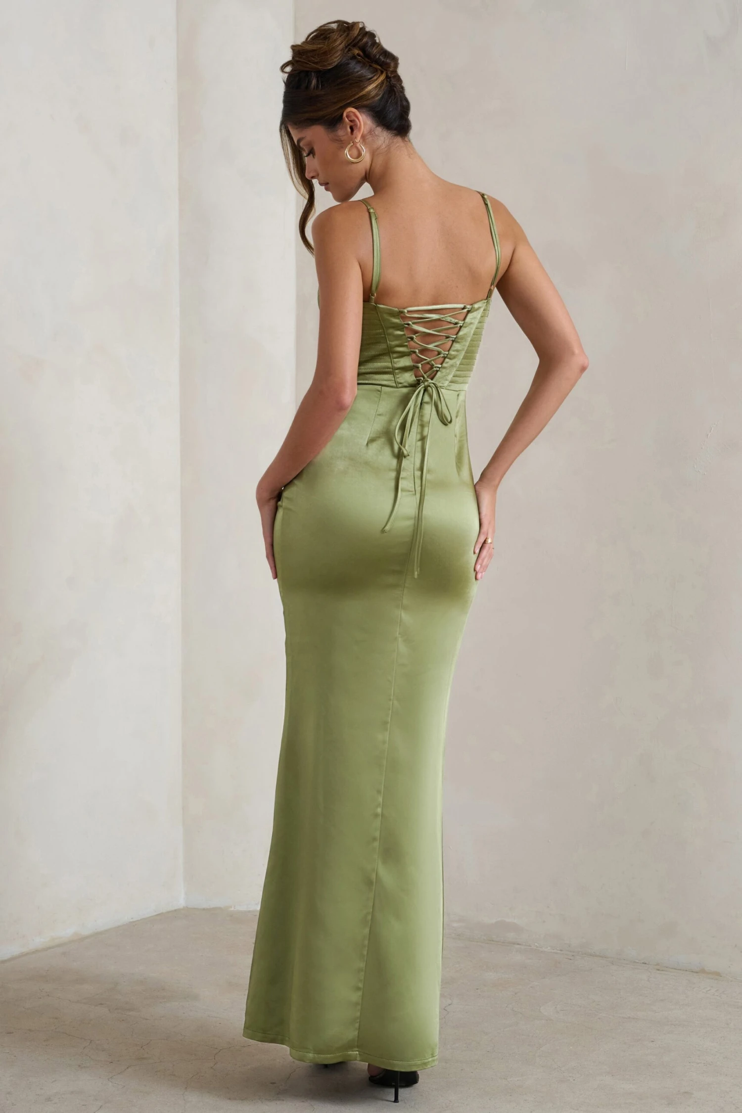 Starlight | Olive Green Cowl Corset Satin Wrap Maxi Dress 4 Starlight | Olive Green Cowl Corset Satin Wrap Maxi Dress - Image 2