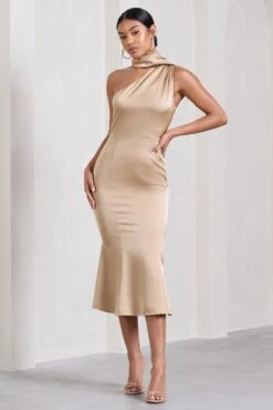 Golden Girl | Champagne Satin Asymmetric High-Neck Flared Midi Dress -ENY Clothing Shop CC HR CL128878059 GoldenGirlChampagneSatinAsymmetricHigh NeckFlaredMidiDress0