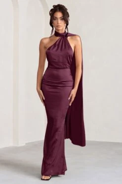Mademoiselle | Burgundy Satin Asymmetric Scarf Neck Backless Maxi Dress -ENY Clothing Shop CC WB BR CL127576 MademoiselleBurgundySatinAsymmetricScarfNeckBacklessMaxiDress1