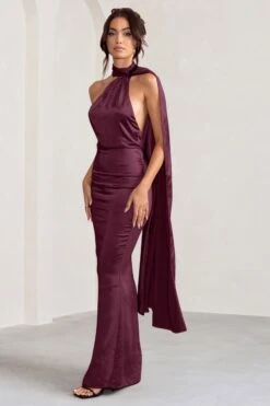 Mademoiselle | Burgundy Satin Asymmetric Scarf Neck Backless Maxi Dress -ENY Clothing Shop CC WB BR CL127576 MademoiselleBurgundySatinAsymmetricScarfNeckBacklessMaxiDress2