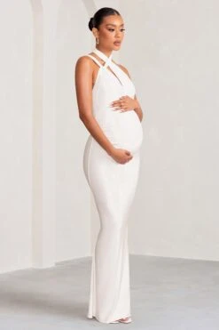 Alba | White Maternity Halter Asymmetric Maxi Dress With Cut Out -ENY Clothing Shop CC WB BR CL129208 AlbaWhiteMaternityHalterAsymmetricMaxiDresswithCutOut0