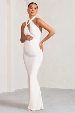 Alba | White Maternity Halter Asymmetric Maxi Dress With Cut Out