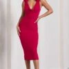Rosy | Red Cowl-Neck Midi Dress With Floral Corsages -ENY Clothing Shop CC WB CL128451004 RosyRedCowl NeckMidiDressWithFloralCorsages0