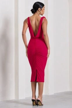 Rosy | Red Cowl-Neck Midi Dress With Floral Corsages -ENY Clothing Shop CC WB CL128451004 RosyRedCowl NeckMidiDressWithFloralCorsages5