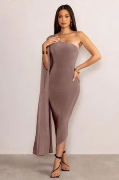 Aliana | Mocha Asymmetric Midi Dress With Cape Sleeve