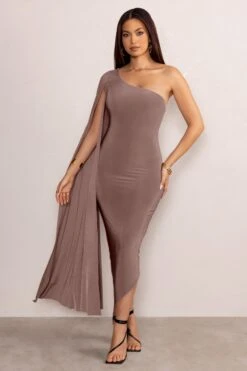 Aliana | Mocha Asymmetric Midi Dress With Cape Sleeve -ENY Clothing Shop CC WB CL129248 AlianaMochaAsymmetricMidiDresswithCapeSleeve3