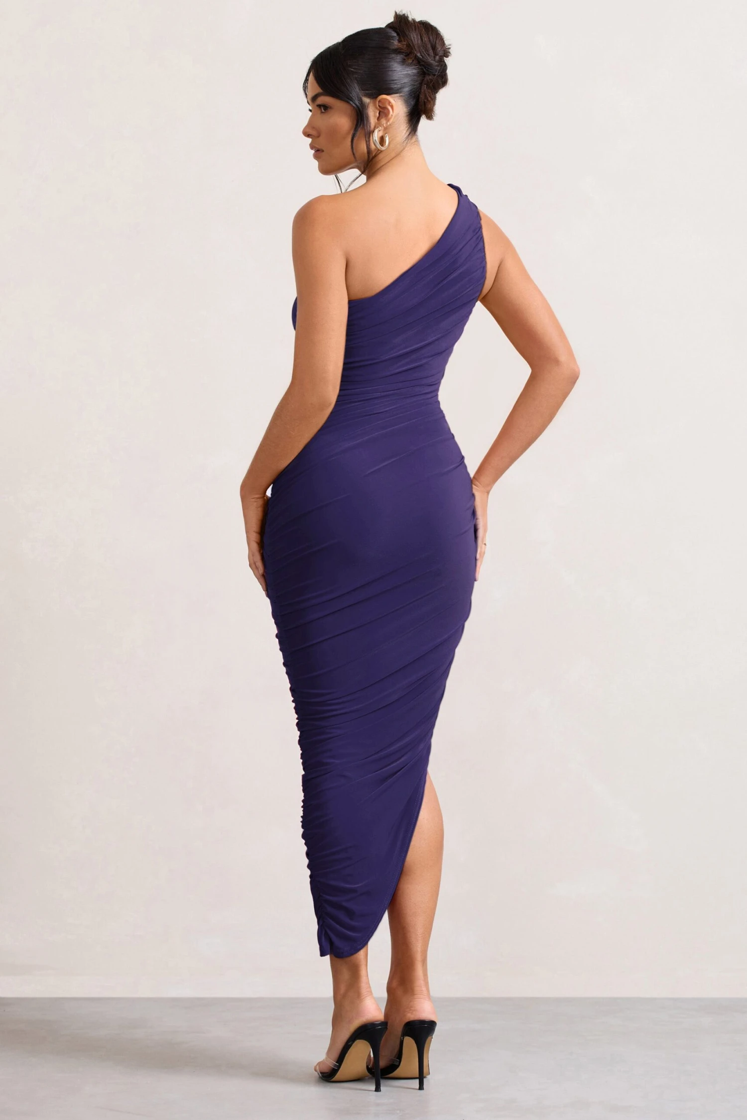 Dorit | Purple One Shoulder Asymmetric Ruched Midi Dress 4 Dorit | Purple One Shoulder Asymmetric Ruched Midi Dress - Image 2