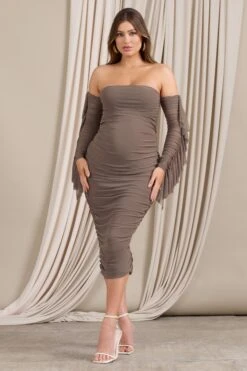 Aroma | Brown Ruched Mesh Maternity Midi Dress With Ruffled Sleeves -ENY Clothing Shop CC WB CL129553038 AromaBrownRuchedMeshMaternityMidiDressWithRuffledSleeves1