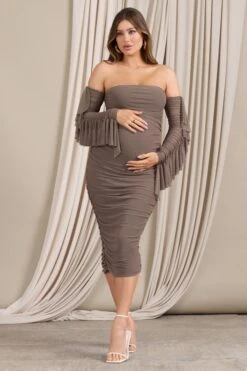 Aroma | Brown Ruched Mesh Maternity Midi Dress With Ruffled Sleeves -ENY Clothing Shop CC WB CL129553038 AromaBrownRuchedMeshMaternityMidiDressWithRuffledSleeves2