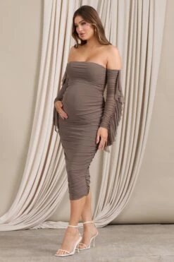 Aroma | Brown Ruched Mesh Maternity Midi Dress With Ruffled Sleeves -ENY Clothing Shop CC WB CL129553038 AromaBrownRuchedMeshMaternityMidiDressWithRuffledSleeves3