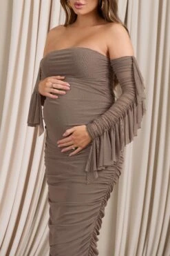 Aroma | Brown Ruched Mesh Maternity Midi Dress With Ruffled Sleeves -ENY Clothing Shop CC WB CL129553038 AromaBrownRuchedMeshMaternityMidiDressWithRuffledSleeves5