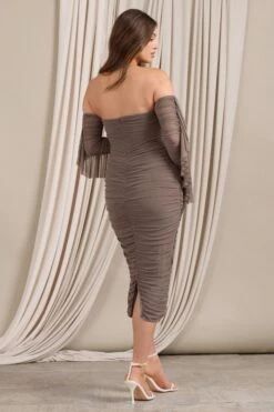 Aroma | Brown Ruched Mesh Maternity Midi Dress With Ruffled Sleeves -ENY Clothing Shop CC WB CL129553038 AromaBrownRuchedMeshMaternityMidiDressWithRuffledSleeves6