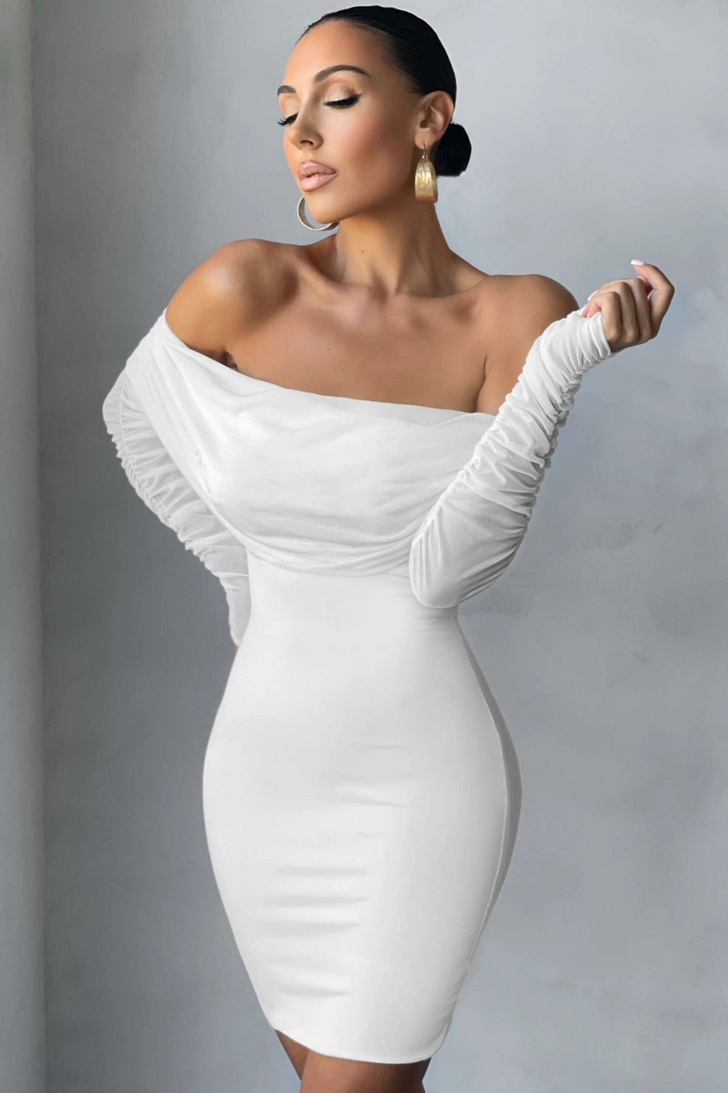 Minnie | White Ruched Mesh Bardot Bodycon Mini Dress 5 Minnie | White Ruched Mesh Bardot Bodycon Mini Dress - Image 3