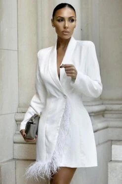 Prized Possession | White Feather Wrap Blazer Mini Dress -ENY Clothing Shop CL125269 White Feather Detail Blazer Style Mini dress