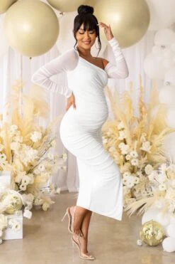 Sweet Dreams | White Maternity Asymmetric Ruched Midi Dress -ENY Clothing Shop CL125303 white maternity asymmetric ruched midi dress 3