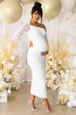 Sweet Dreams | White Maternity Asymmetric Ruched Midi Dress -ENY Clothing Shop CL125303 white maternity asymmetric ruched midi dress 4