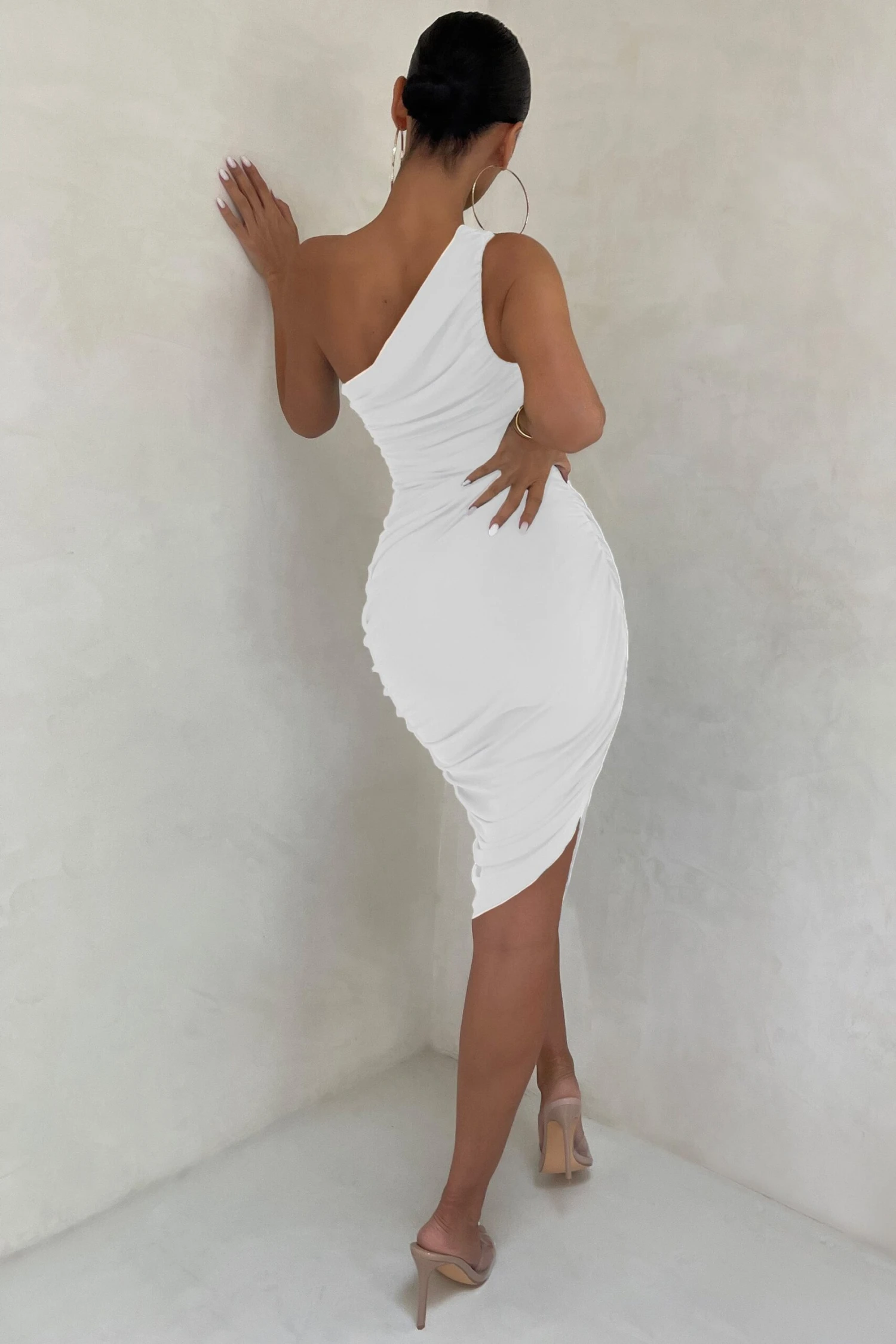Late Night | Off White Asymmetrical One Shoulder Ruched Midi Dress 4 Late Night | Off White Asymmetrical One Shoulder Ruched Midi Dress - Image 2