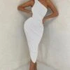 Late Night | Off White Asymmetrical One Shoulder Ruched Midi Dress -ENY Clothing Shop CL126071 white Asymetric One SHoulder Ruched Mini Dress 6