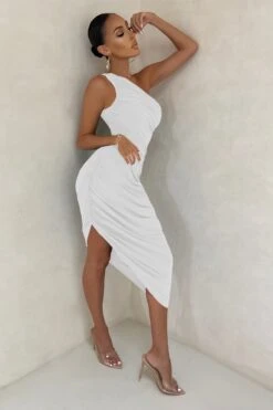 Late Night | Off White Asymmetrical One Shoulder Ruched Midi Dress 9 Late Night | Off White Asymmetrical One Shoulder Ruched Midi Dress -ENY Clothing Shop CL126071 white Asymetric One SHoulder Ruched Mini Dress 8