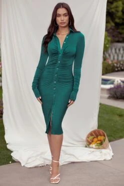Memorable Moment | Bottle Green Bodycon Ruched Long Sleeve Midi Dress -ENY Clothing Shop CL126147 Green bodycon ruched long sleeve midi dress0