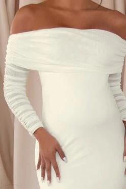Pretty Perfect | White Maternity Ruched Mesh Bardot Maxi Dress -ENY Clothing Shop CL126177 fWhite Maternity Ruched Mesh Bardot Maxi Dress0