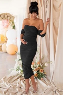 Plus One | Black Maternity Bardot Ruched Draped Midi Dress -ENY Clothing Shop CL126180 Black Maternity Bardot ruched Midaxi Dress 2