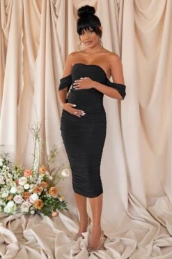 Plus One | Black Maternity Bardot Ruched Draped Midi Dress -ENY Clothing Shop CL126180 Black Maternity Bardot ruched Midaxi Dress 3
