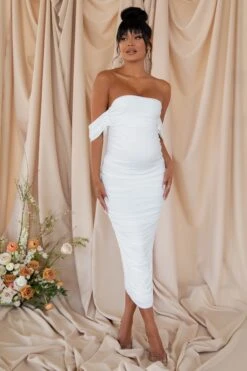 Plus One | White Maternity Bardot Ruched Draped Midi Dress -ENY Clothing Shop CL126180 WHite Maternity Bardot Ruched Off Shoulder Maxi Dress 1