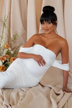 Plus One | White Maternity Bardot Ruched Draped Midi Dress -ENY Clothing Shop CL126180 WHite Maternity Bardot Ruched Off Shoulder Maxi Dress 5