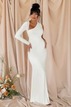 Oh Baby | White Maternity One Shoulder Bodycon Maxi Dress -ENY Clothing Shop CL126182 White One Shoulder Bodycon Maxi Dress 3