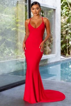 Shooting Star | Red Backless Knot Detail Fishtail Maxi Dress -ENY Clothing Shop CL126211 backless knot detail fishtail maxi dress red 1