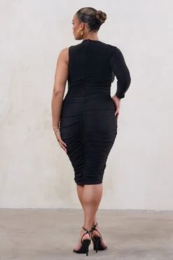 Refine | Black One Shoulder Midi Bodycon Dress -ENY Clothing Shop CL126368 Refine PlusBlackOneShoulderRuchedBodyconMidiDress1 203b91d6 f283 437e b45f 19e6c22f4b63