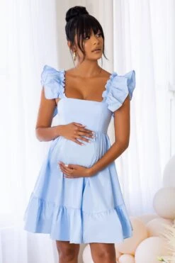 Dolly Daze | Blue Maternity Ruffle Sleeve Babydoll Mini Dress -ENY Clothing Shop CL126468 blue maternity tie front angel sleeve mini dress 3
