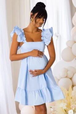 Dolly Daze | Blue Maternity Ruffle Sleeve Babydoll Mini Dress -ENY Clothing Shop CL126468 blue maternity tie front angel sleeve mini dress 4
