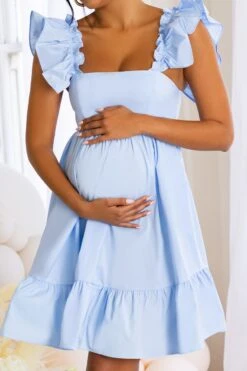 Dolly Daze | Blue Maternity Ruffle Sleeve Babydoll Mini Dress -ENY Clothing Shop CL126468 blue1 maternity tie front angel sleeve mini dress 4