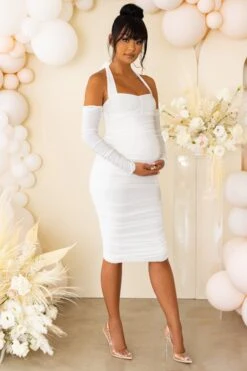 Special Delivery | White Maternity Ruched Halterneck Midi Dress -ENY Clothing Shop CL126479 white maternity ruched halterneck midi dress 4