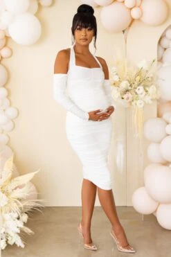 Special Delivery | White Maternity Ruched Halterneck Midi Dress -ENY Clothing Shop CL126479 white maternity ruched halterneck midi dress 5