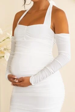 Special Delivery | White Maternity Ruched Halterneck Midi Dress -ENY Clothing Shop CL126479 white1 maternity ruched halterneck midi dress 4