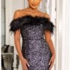 Flashy | Petite Black Sequin Mini Dress With Feather Bardot -ENY Clothing Shop CL126526 black and silver feather detail mini dress 3