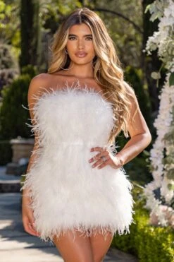 Out On The Town | Ivory Feather Bandeau Mini Dress